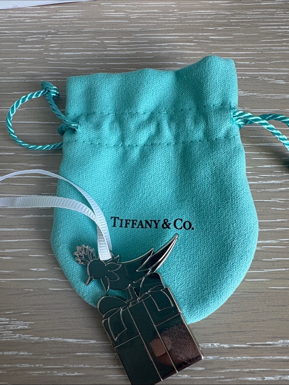 Tiffany & Co. Silver Robin on Gift Brooch with Tiffany Blue Accents